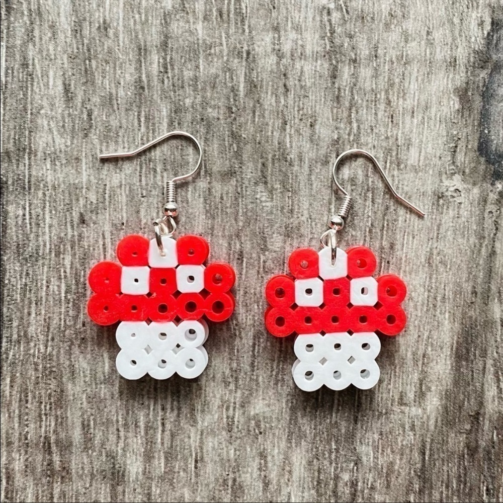 Mushroom earrings handmade perler beads jewelry